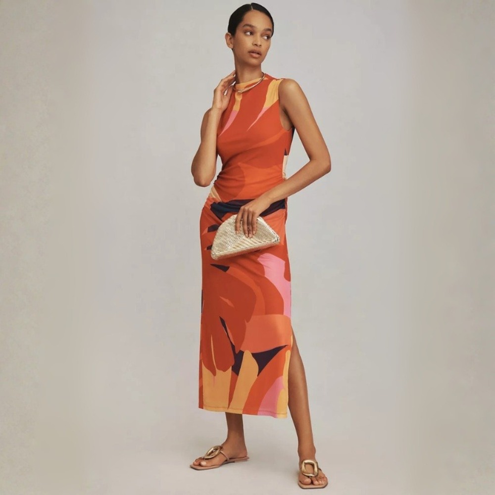 Farm Rio x Anthropologie Ruched Mesh Midi Dress Orange Abstract Size XS - Picture 1 of 9